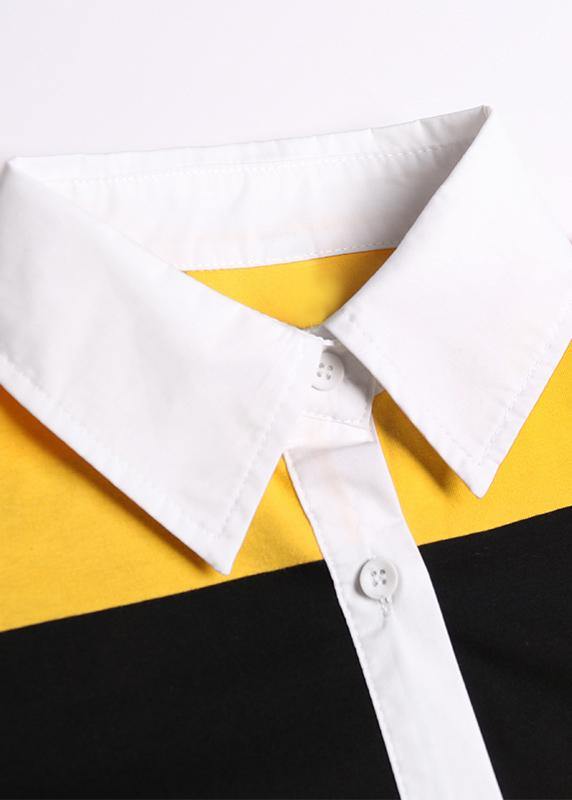 Simple lapel pockets Cotton tunic pattern Inspiration yellow striped Dress - SooLinen