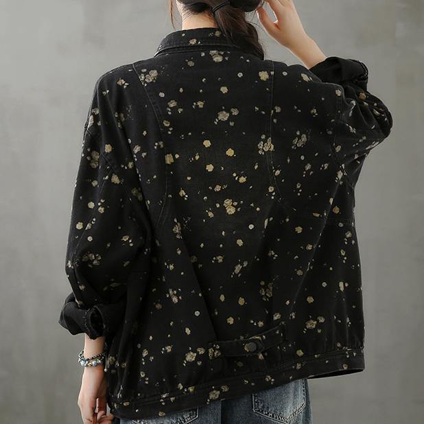 Simple lapel pockets fall crane tops pattern black print shirt - SooLinen