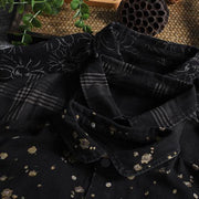 Simple lapel pockets fall crane tops pattern black print shirt - SooLinen