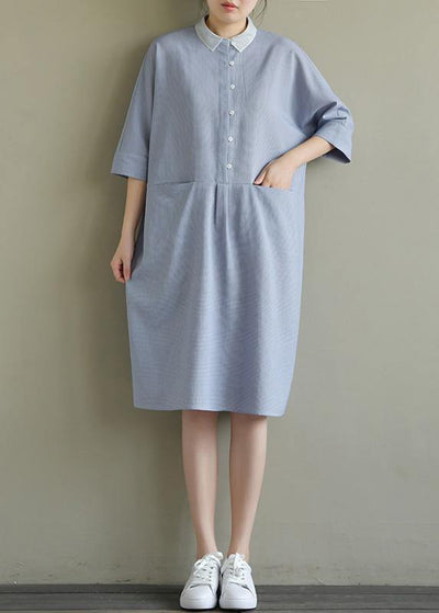 Simple lapel pockets linen dresses Ideas blue gray Plaid Dress summer - SooLinen