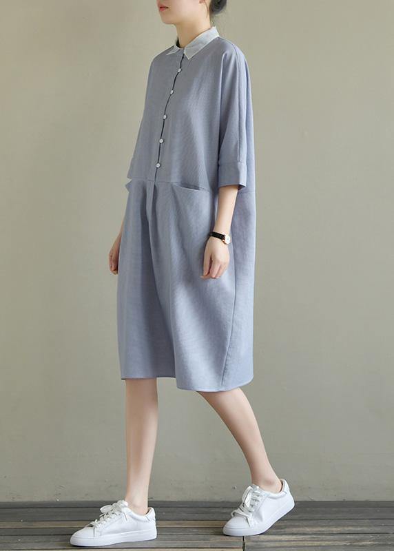 Simple lapel pockets linen dresses Ideas blue gray Plaid Dress summer - SooLinen