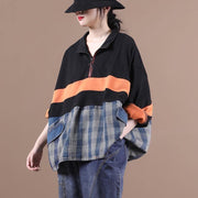 Simple lapel zippered Blouse Tunic Tops orange shirt - SooLinen