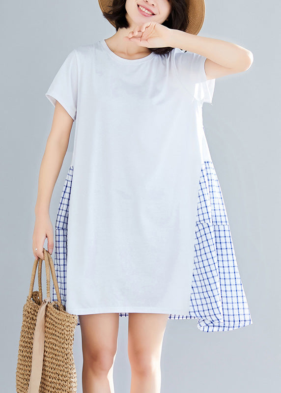 Simple large hem Cotton clothes Women Indian Shirts blue Plaid Knee Dress Summer