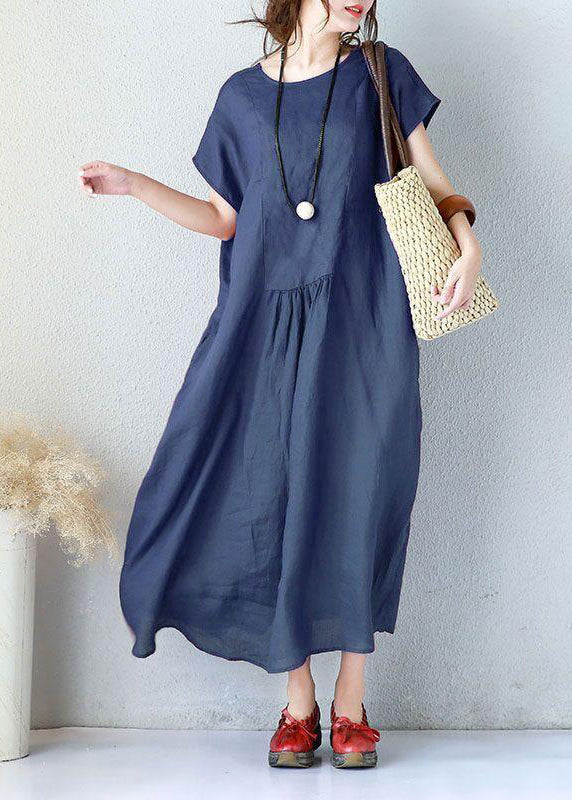 Einfache Leinenkleidung für Frauen, taillierte Sommerfrauen, elegantes, lockeres, kurzärmliges, marineblaues Kleid