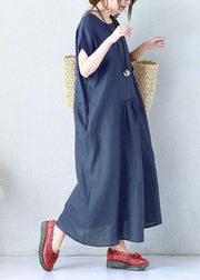 Einfache Leinenkleidung für Frauen, taillierte Sommerfrauen, elegantes, lockeres, kurzärmliges, marineblaues Kleid