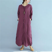 Simple linen dresses Fitted Loose Linen Long Sleeve Women Wine Red Dress