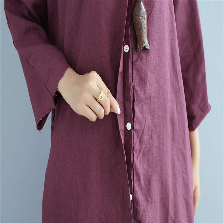 Simple linen dresses Fitted Loose Linen Long Sleeve Women Wine Red Dress