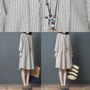 Simple long sleeve linen dress Organic Work Outfits black striped Art Dress stand collar