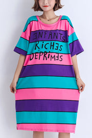 Einfache, mehrfarbige Baumwolle, lange Hemden, Stiche, Arbeits-Outfits, o-Ausschnitt, seitlich offenes Midi-Sommerkleid