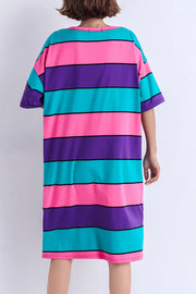 Einfache, mehrfarbige Baumwolle, lange Hemden, Stiche, Arbeits-Outfits, o-Ausschnitt, seitlich offenes Midi-Sommerkleid