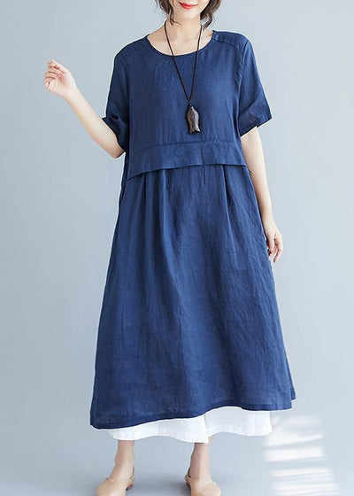 Simple navy cotton quilting dresses o neck pockets loose summer Dress - SooLinen