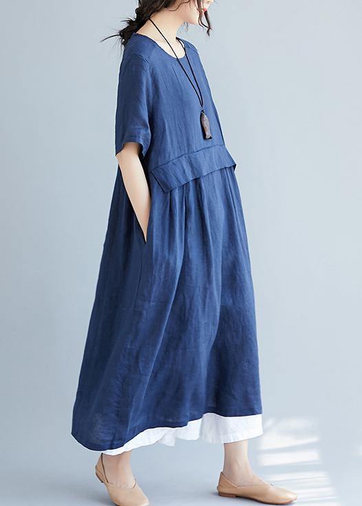 Simple navy cotton quilting dresses o neck pockets loose summer Dress - SooLinen