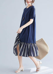 Simple navy patchwork striped cotton Tunics o neck long summer Dress - SooLinen
