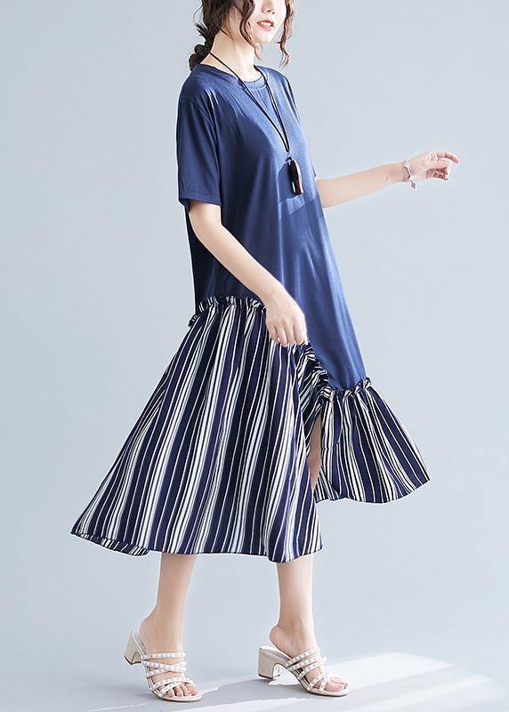 Simple navy patchwork striped cotton Tunics o neck long summer Dress - SooLinen