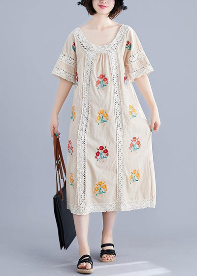 Simple nude embroidery cotton clothes o neck pockets robes summer Dress - SooLinen