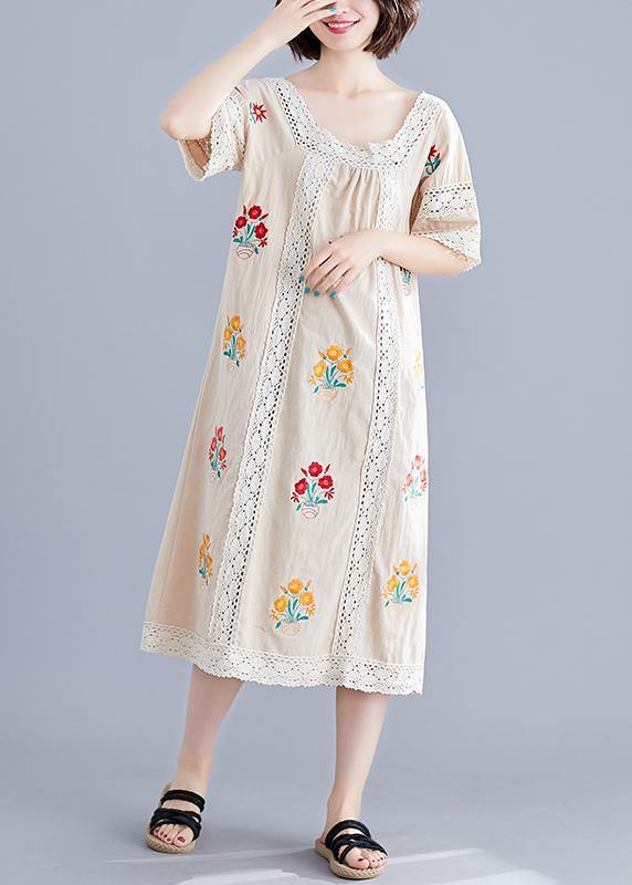 Simple nude embroidery cotton clothes o neck pockets robes summer Dress - SooLinen
