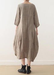 Simple nude linen Long Shirts o neck asymmetric linen robes Dresses - SooLinen