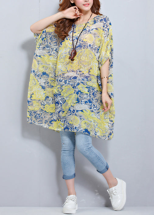 Simple o neck Batwing Sleeve chiffon tunic pattern plus size Photography floral blouses Summer