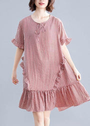 Simple o neck Ruffles Cotton clothes Inspiration red plaid Dress - SooLinen