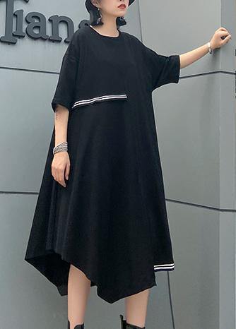 Simple o neck asymmetric Cotton summer clothes Work black Dresses - SooLinen