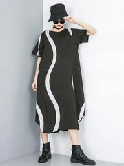 Simple o neck asymmetric cotton dress black striped Dress - SooLinen