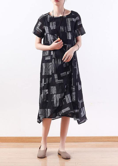 Simple o neck asymmetric linen dresses black print Dress - SooLinen