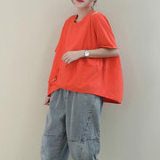 Simple o neck baggy cotton Blouse design orange blouse - SooLinen