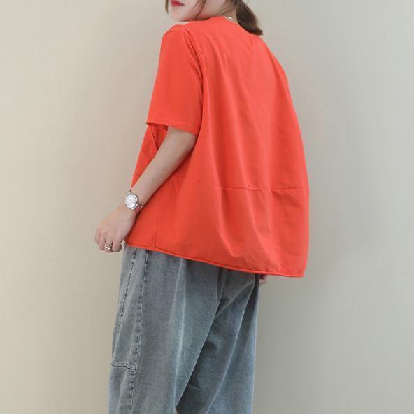 Simple o neck baggy cotton Blouse design orange blouse - SooLinen
