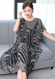 Simple o neck chiffon Wardrobes Women Sewing black print Kaftan Dress - SooLinen