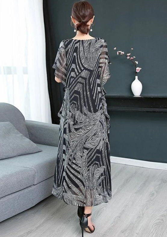Simple o neck chiffon Wardrobes Women Sewing black print Kaftan Dress - SooLinen