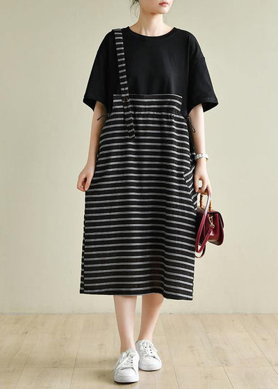 Simple o neck clothes Women Runway black patchwork striped Maxi Dress - SooLinen