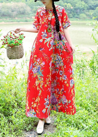 Simple o neck cotton Wardrobes Sewing red prints Traveling Dresses summer - SooLinen