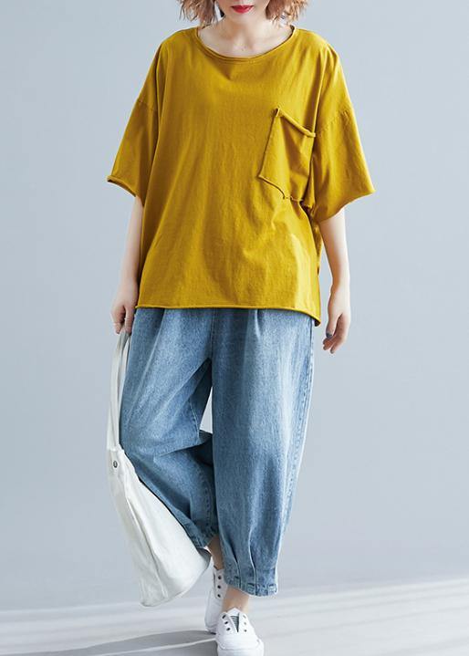 Simple o neck half sleeve cotton summer top silhouette yellow shirt - SooLinen
