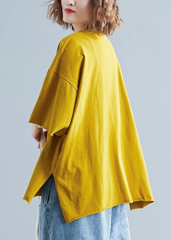 Simple o neck half sleeve cotton summer top silhouette yellow shirt - SooLinen