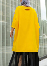 Simple o neck half sleeve cotton top Neckline yellow print blouse summer - SooLinen