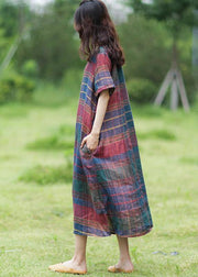 Simple o neck half sleeve linen summer dresses Photography plaid Dress - SooLinen