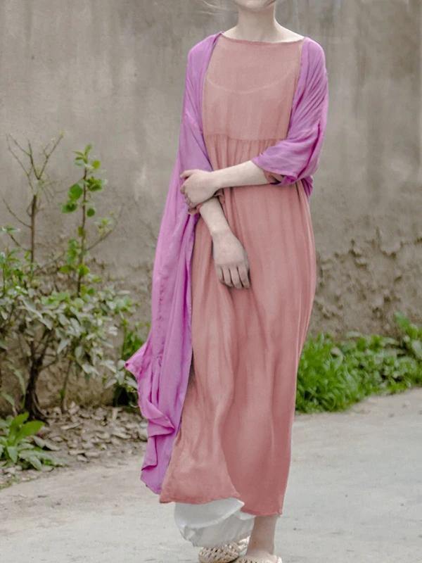 Simple o neck large hem clothes For Women Neckline pink Maxi Dress - SooLinen