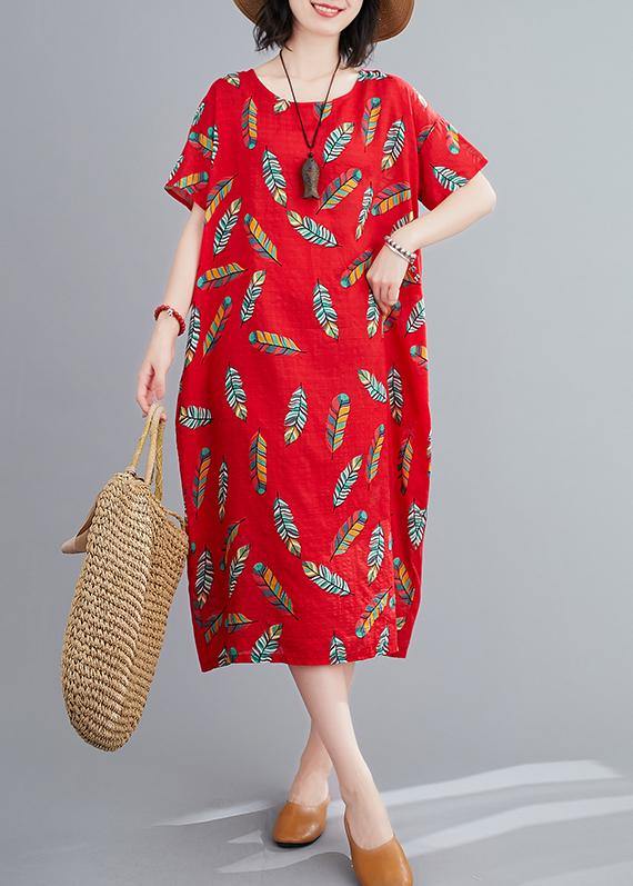 Simple o neck linen clothes For Women Runway red Feather print Dresses - SooLinen