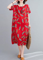 Simple o neck linen clothes For Women Runway red Feather print Dresses - SooLinen