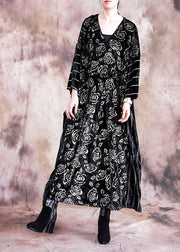 Simple o neck patchwork Tunics Inspiration black Large print Maxi Dresses fall - SooLinen