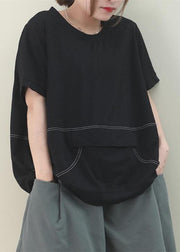 Simple o neck patchwork cotton Tunic Work Outfits black blouse - SooLinen