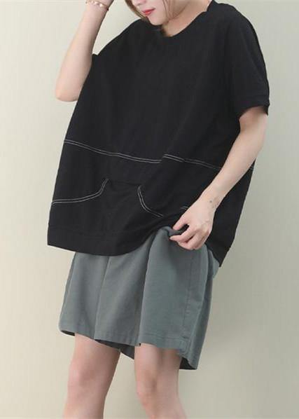 Simple o neck patchwork cotton Tunic Work Outfits black blouse - SooLinen