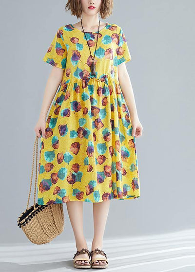 Simple o neck patchwork cotton Wardrobes Fitted Photography yellow print cotton Dresses Summer - SooLinen