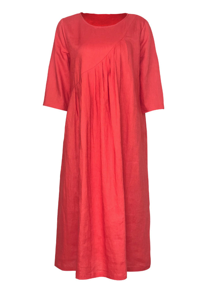 Simple o neck patchwork linen Robes 18th Century Shape orange Dresses Summer