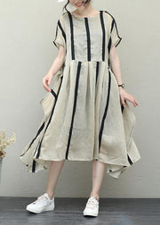 Simple o neck patchwork linen clothes For Women design khaki striped Dresses - SooLinen