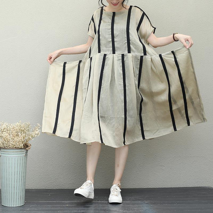 Simple o neck patchwork linen clothes For Women design khaki striped Dresses - SooLinen
