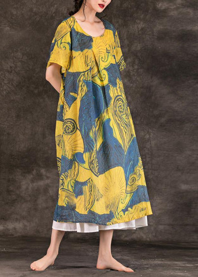 Simple o neck patchwork linen dress Photography yellow print Dresses summer - SooLinen