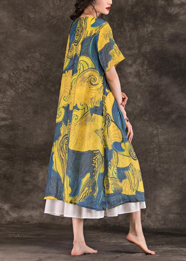 Simple o neck patchwork linen dress Photography yellow print Dresses summer - SooLinen