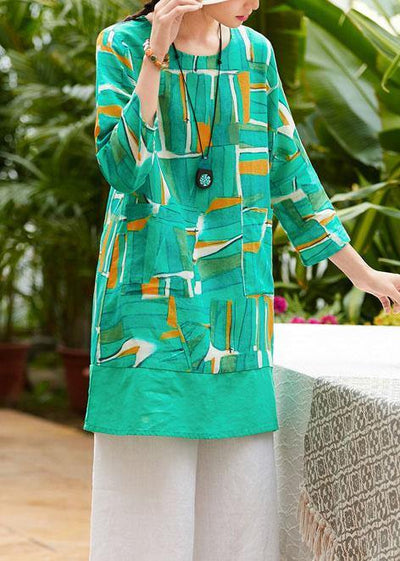 Simple o neck patchwork pockets linen tunic pattern Christmas Gifts green print blouse summer - SooLinen