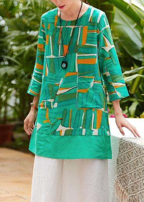 Simple o neck patchwork pockets linen tunic pattern Christmas Gifts green print blouse summer - SooLinen
